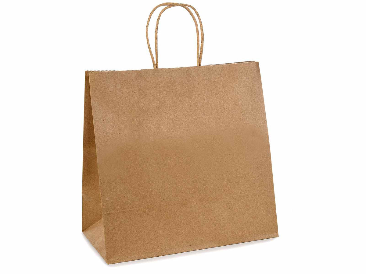 Sacchetti / buste grandi quadrate in carta kraft riciclata e manici ritorti, set da 50 pezzi, cm 28 x 15 x 28 H