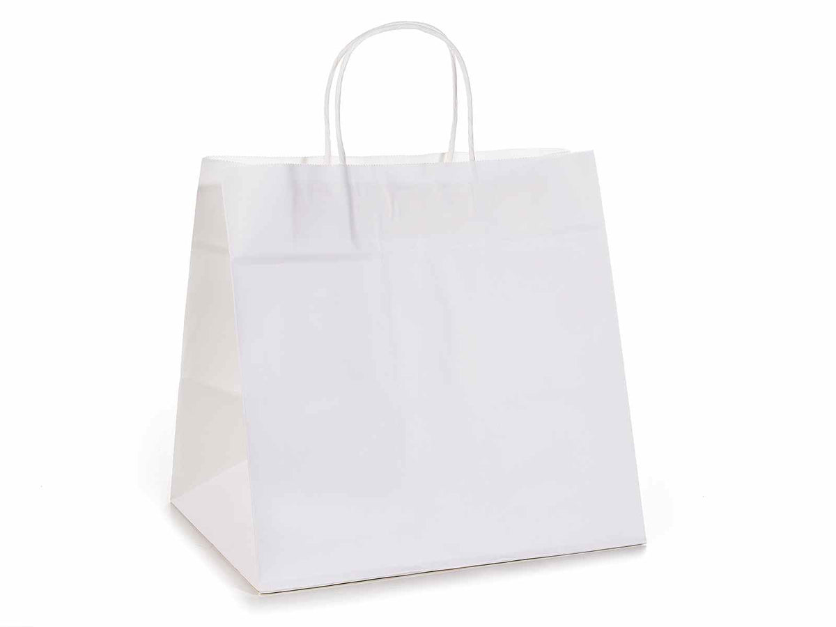 Busta a sacchetto bianco grande con base larga e ampia e manici ritorti, set da 25 pezzi, cm 28 x 22 x 28 H