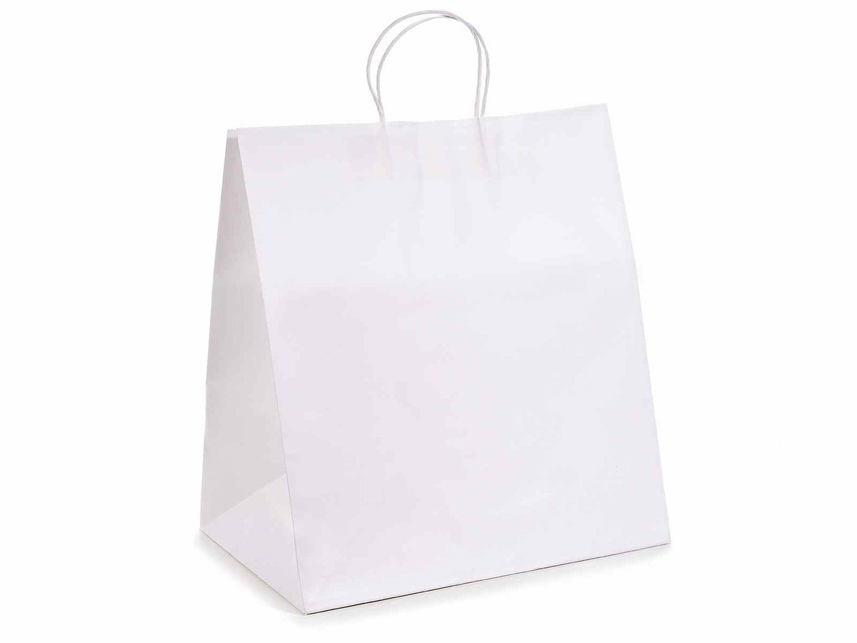 Sacchetti, buste maxi a base larga in carta bianca con manici ritorti, set da 25 pezzi, cm 35,5 x 25 x 39,5 H