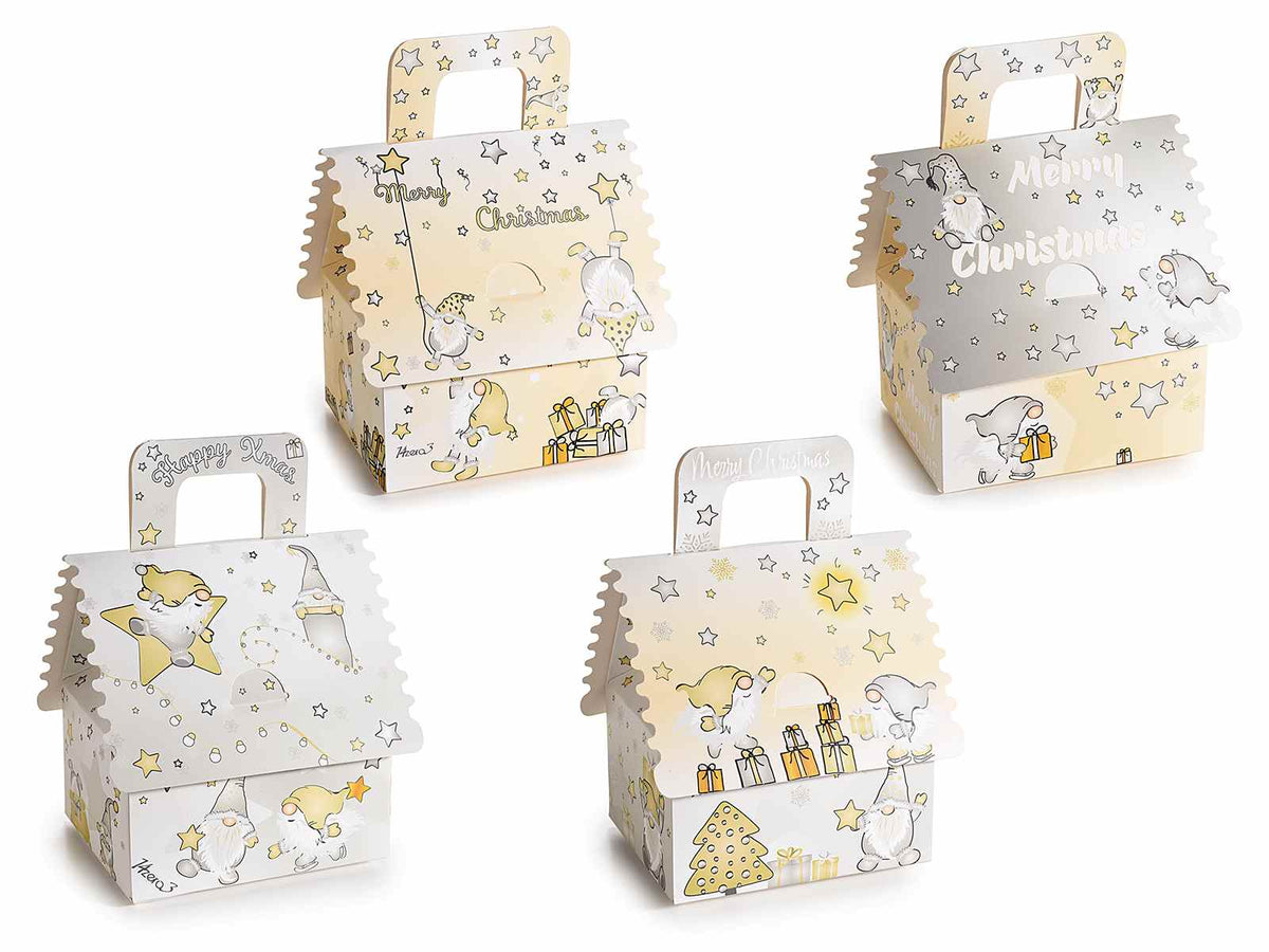 Scatole a casetta in carta con stampe gnomi e stelle con manico, set da 32 pezzi, cm 14 x 13 x 13,5 H
