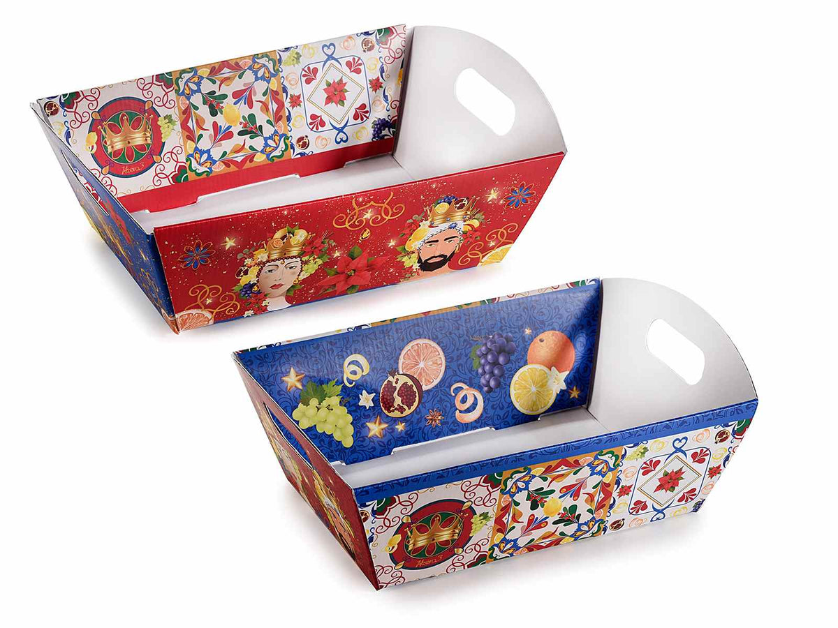 Vassoi in carta con manici e decori natalizi con teste di moro e frutti, set da 10 pezzi, cm 23,5 x 17,5 x 7 H