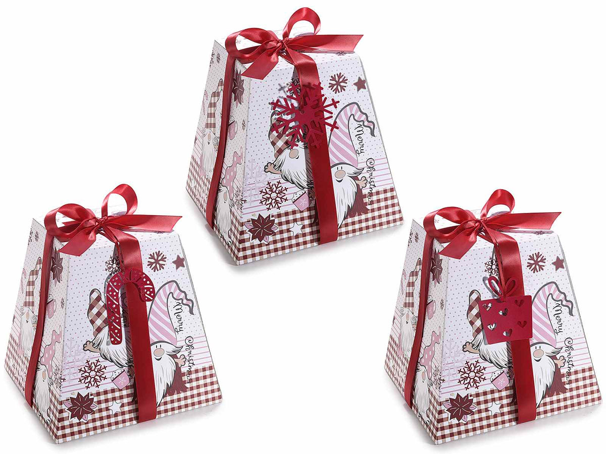 Scatole di Natale in cartone per pandoro e panettone con decori gnometti, set da 6 pezzi, cm 24,5 x 24,5 x 24 H