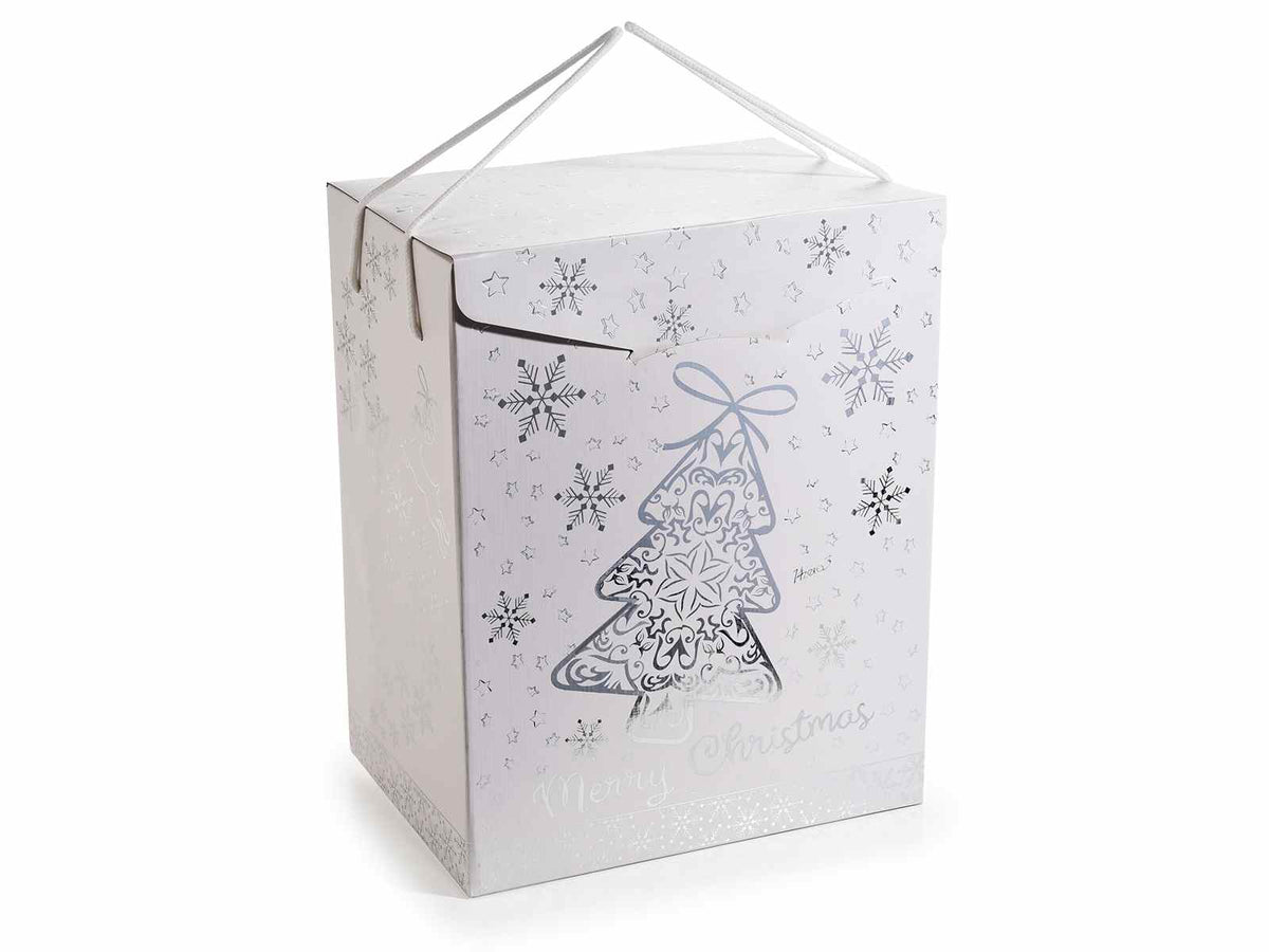 Scatole di Natale in cartone con stampa albero e fiocchi di neve simil, set da 5 pezzi, cm 28 x 20 x 35 H