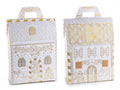 Scatole natalizie a casetta di Natale in carta con decorazioni simil oro, set da 10 pezzi, cm 18x10x24 H (con manico 29)