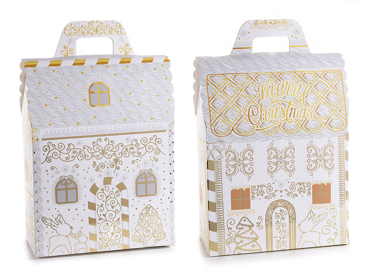 Scatole natalizie a casetta di Natale in carta con decorazioni simil oro, set da 10 pezzi, cm 18x10x24 H (con manico 29)