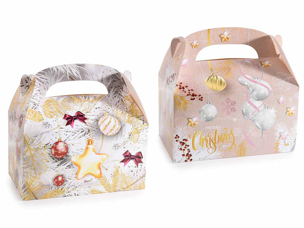 Scatole bauletto in carta con manico e stampa natalizia, set da 24 pezzi, cm19x11,5x10H(con manico18,5)