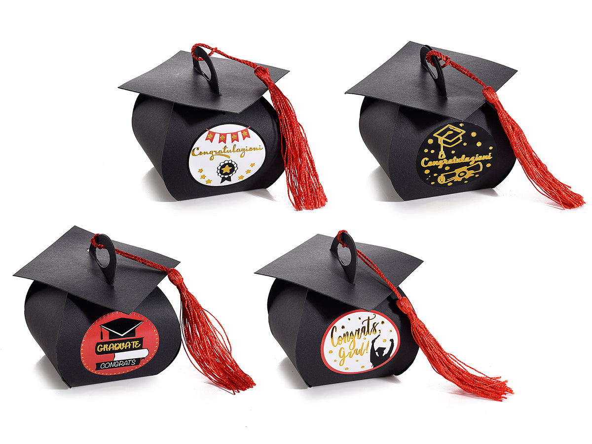 Scatoline in carta a forma di tocco laurea con nappina rossa, ideali, set da 80 pezzi, cm 9,5x9,5x6 H (con manico 8)