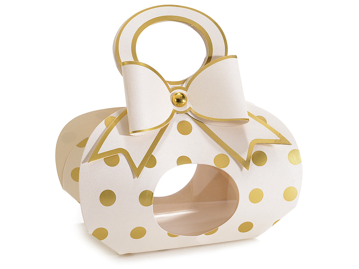 Scatole a bauletto carta bianca e pois oro con manico e finestra, set da 40 pezzi, cm 14x8x9 H (con manico14)