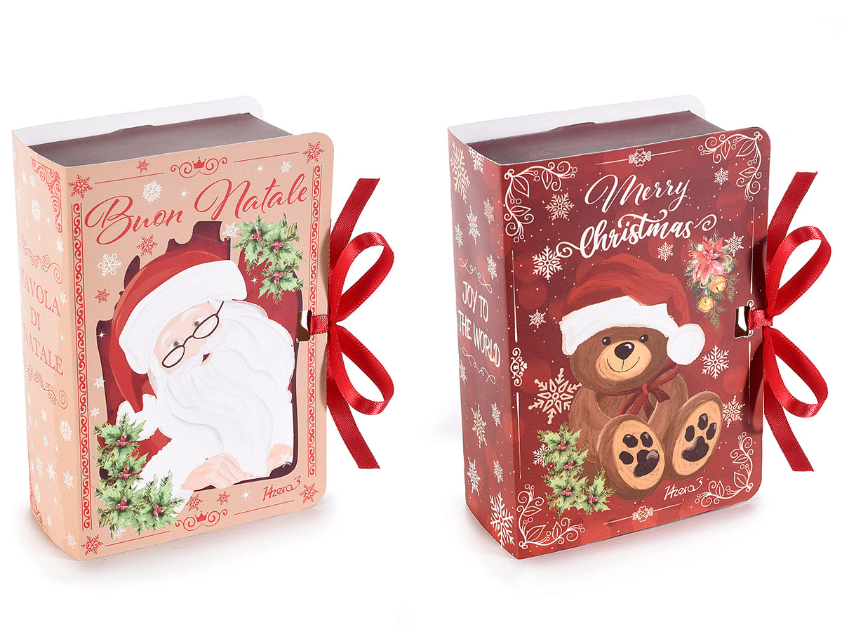 Scatole regalo di Natale in carta a libro con stampa vintage orsetto e babbo natale, stampa Buon Natale / Merry Christmas e nastro di chiusura, set da
