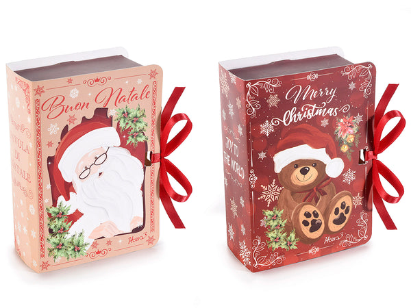 Set di 30 scatole regalo di Natale in carta a libro con stampa vintage orsetto e babbo natale, stampa Buon Natale / Merry Christmas e nastro di chiusura, cm 9 x 13 x 4,5 H