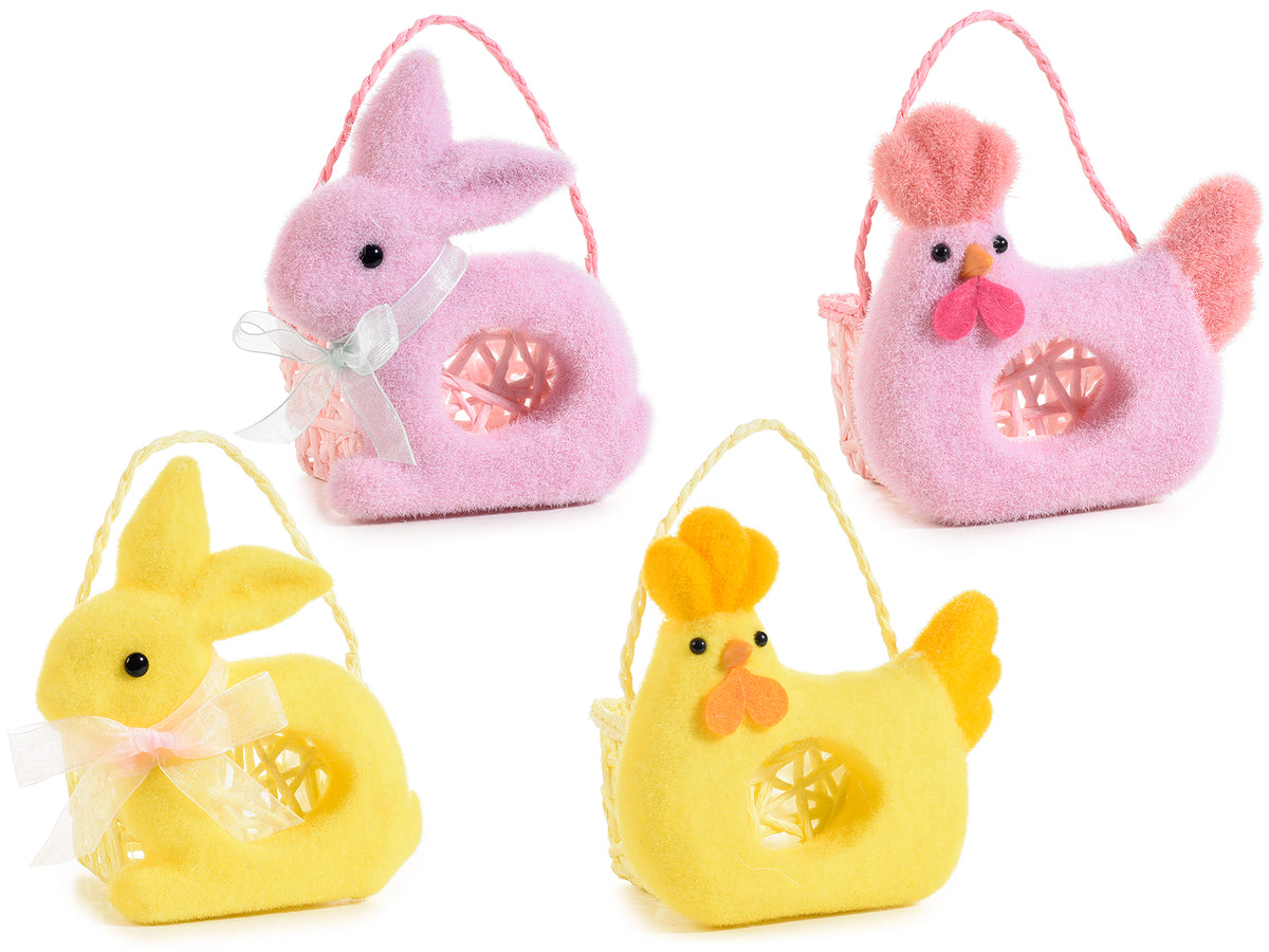 Cestini in carta di Pasqua con gallina e coniglio in floccato e manico, set da 4 pezzi, cm14,5x11x16H (con manico17)