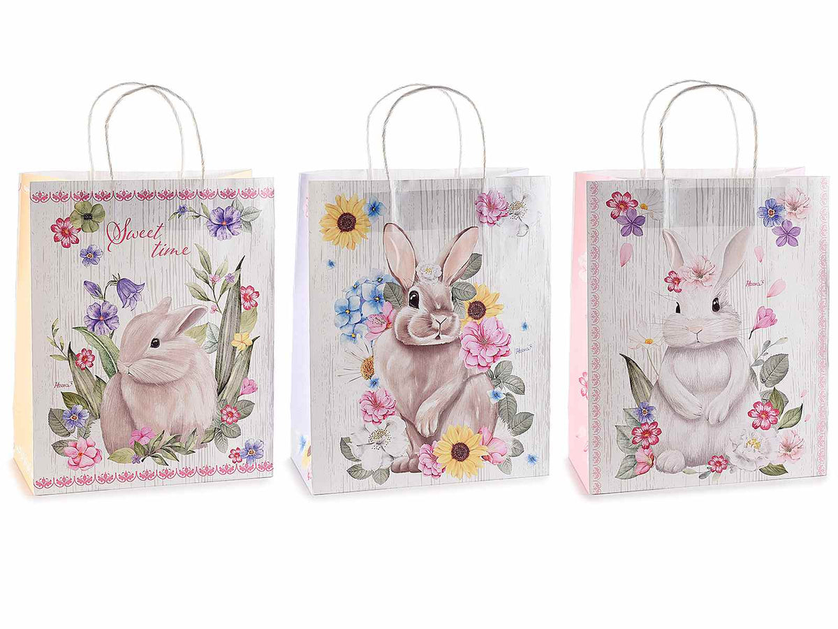 Sacchetti / buste grandi in carta di Pasqua con stampa coniglietti, set da 45 pezzi, cm 26 x 12 x 32 H