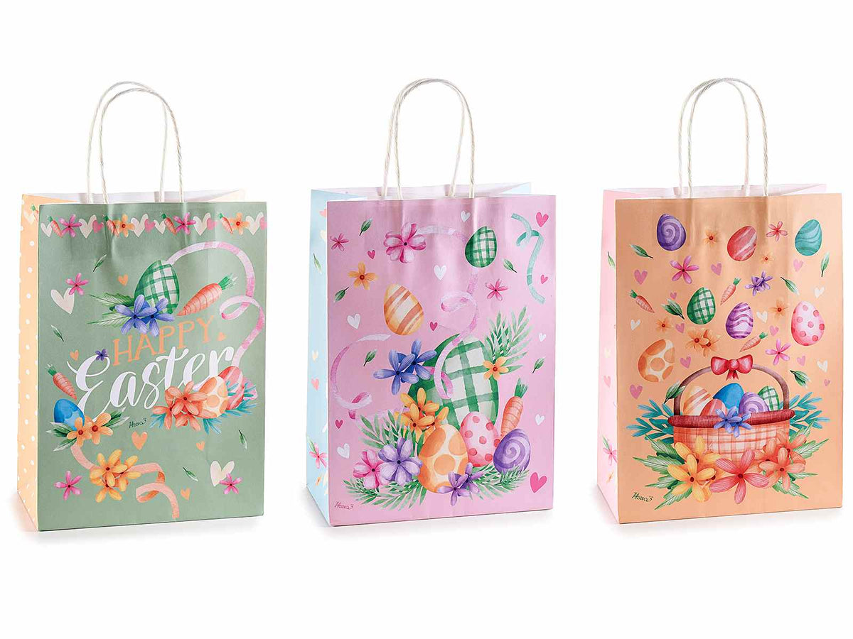 Sacchetti / buste medie in carta con stampa pasquale e scritta Happy Easter, set da 36 pezzi, cm 18,5 x 9,5 x 25,5 H