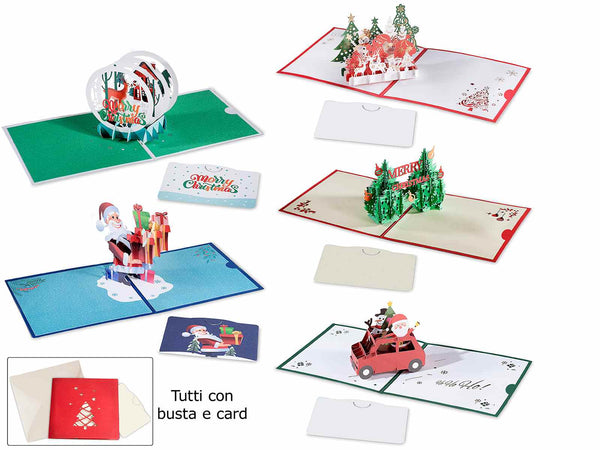 Biglietti di auguri di Natale con intagli colorati pop up, busta e card, set da 5 pezzi, cm 15 x 15 H