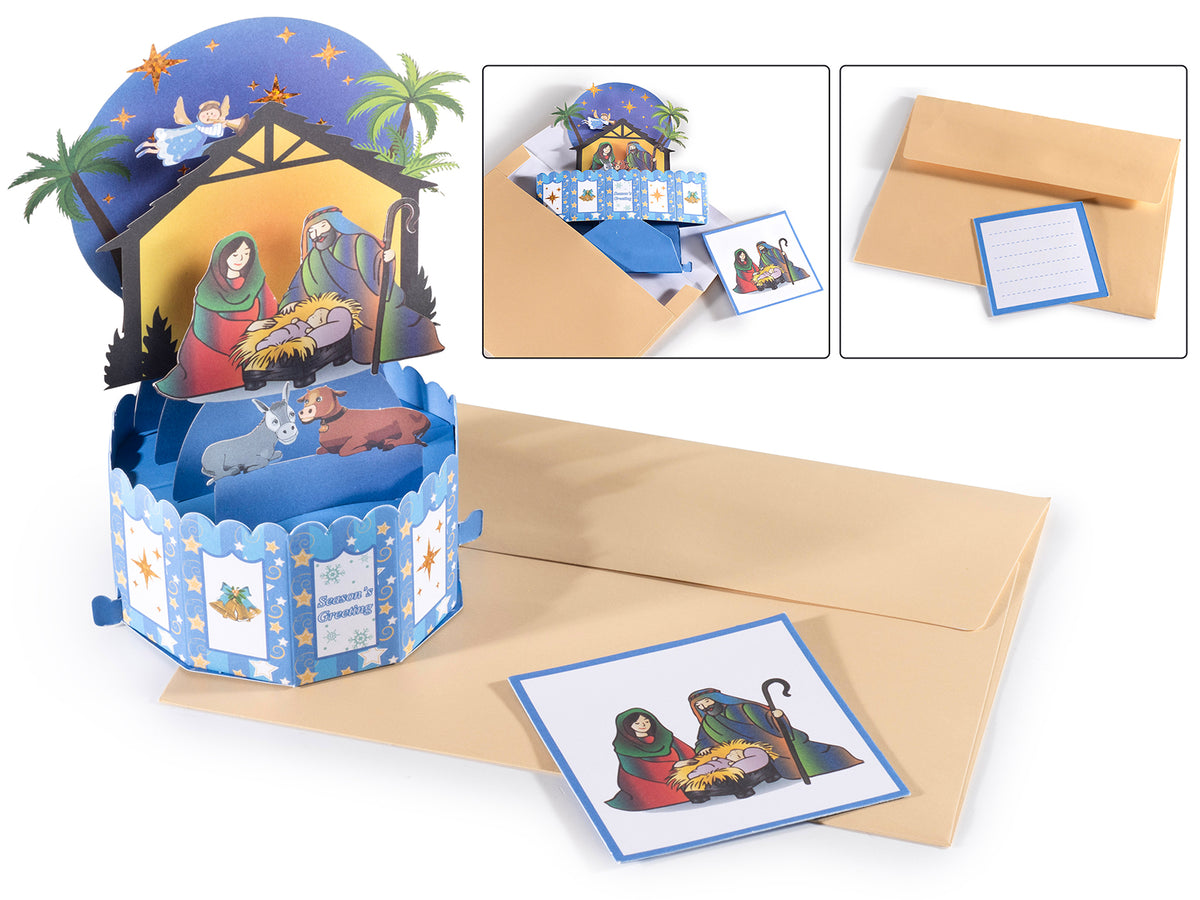 Biglietti auguri di Natale con Presepe / Sacra Famiglia con pop up in 3D, card, set da 6 pezzi, Ø 9,5 cm 16,5 H