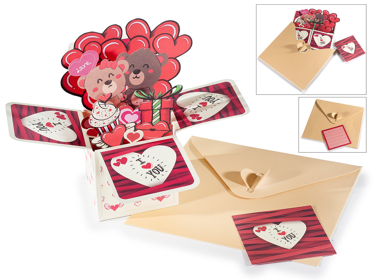Biglietti di auguri San Valentino 3D pop-up con scritte I Love you e orsetti, set da 6 pezzi, cm 23 x 23 x 18 H
