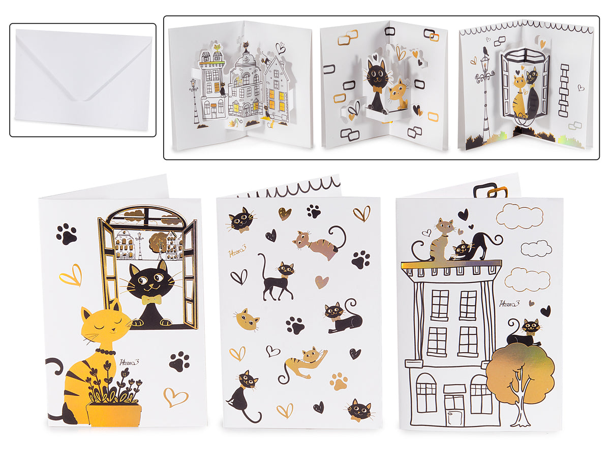 Biglietti di auguri pop-up 3D con stampa gatto con busta e decori dorati, set da 36 pezzi, cm 11,5 x 17 H