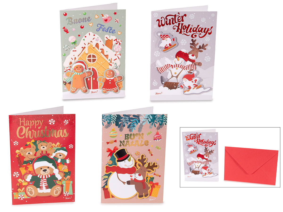 Biglietti di auguri di Natale con decorazioni in rilievo 3D e busta colorata, set da 48 pezzi, cm 11,5 x 17 H