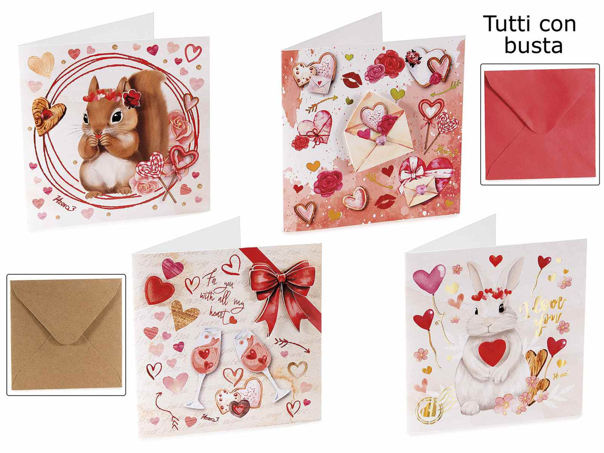 Biglietti augurali San Valentino con stampa animaletti e cuori con busta, set da 48 pezzi, cm 10 x 10 H