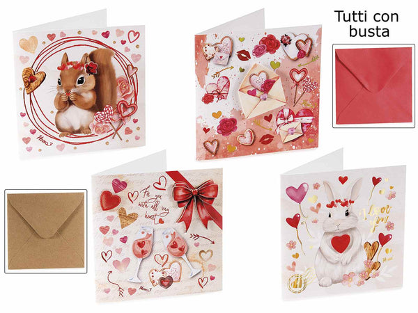 Biglietti augurali San Valentino con stampa animaletti e cuori con busta, set da 48 pezzi, cm 10 x 10 H