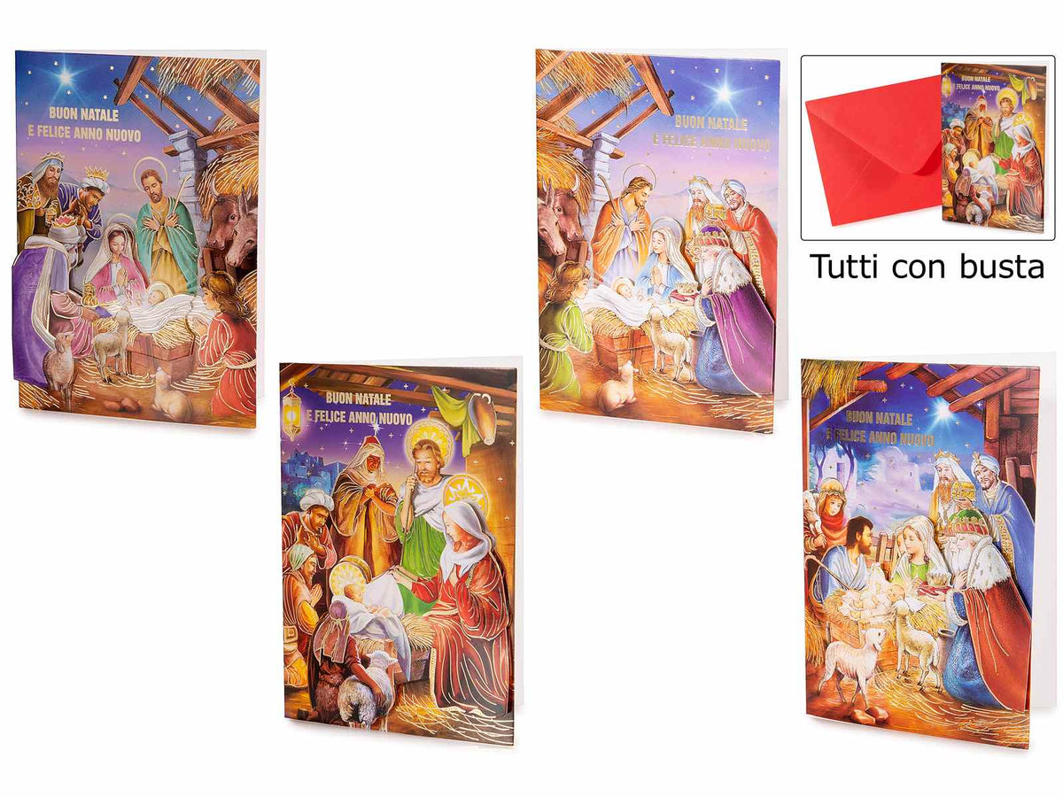 Biglietti di auguri natalizi Sacra Famiglia / Presepe con decori 3D e busta, set da 24 pezzi, cm 12 x 17 H