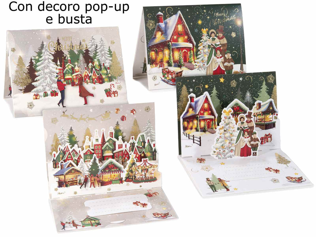 Biglietti di auguri di Natale pop-up con scene e paesaggi natalizi, busta e card, set da 20 pezzi, cm 18 x 13 H