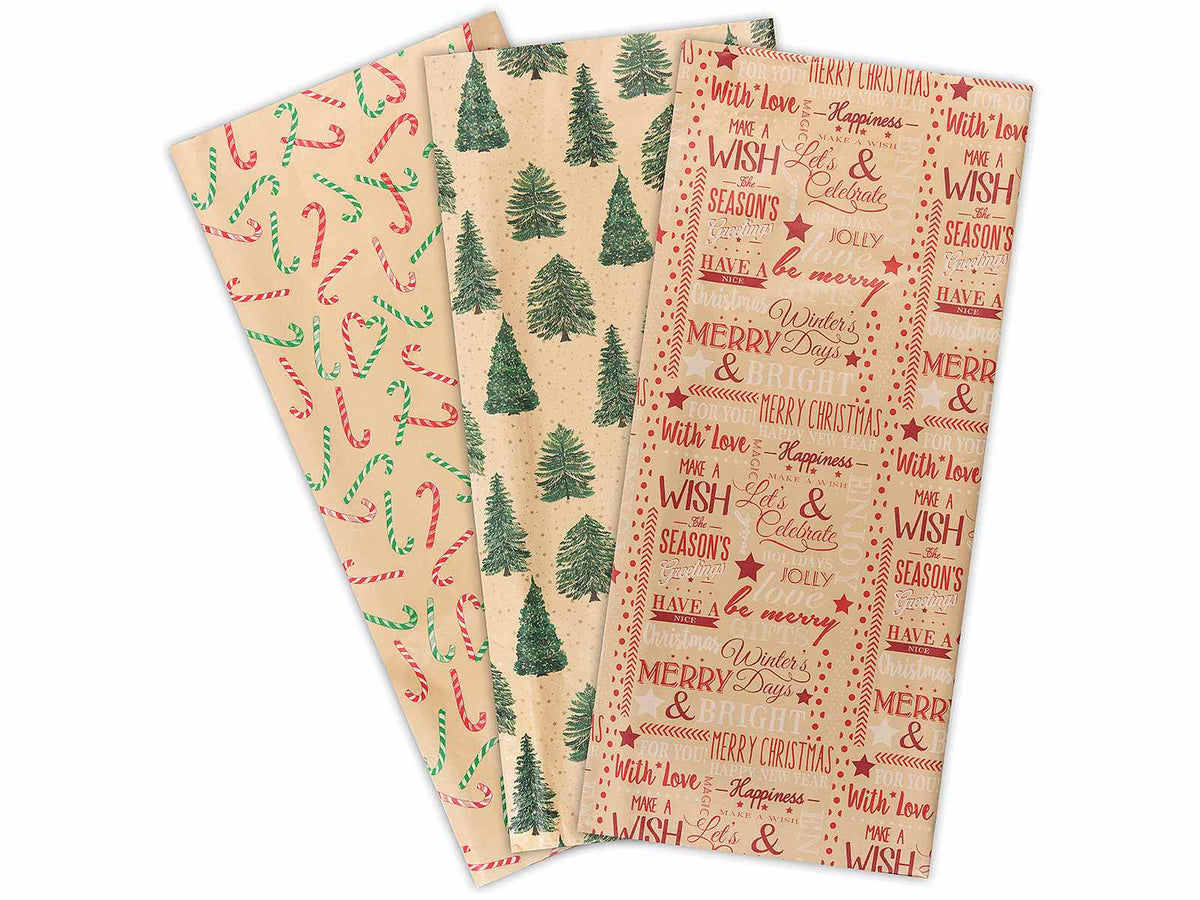 Carta regalo kraft naturale con stampe di Natalefogli, cm 70 x 100 H