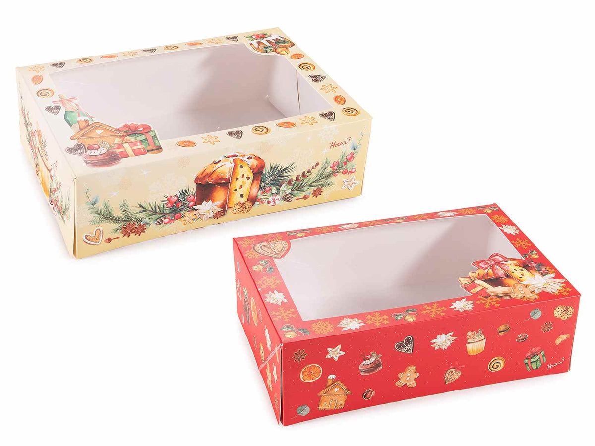 Scatole di Natale in carta con vetrinetta trasparente e decorazione di dolcetti, set da 16 pezzi, cm 22,5 x 15,5 x 7 H