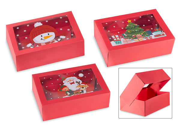 Scatoline natalizie in carta rossa con finestra con stampa Babbo Natale Pupazzo, set da 12 pezzi, cm 22 x 15 x 7 H