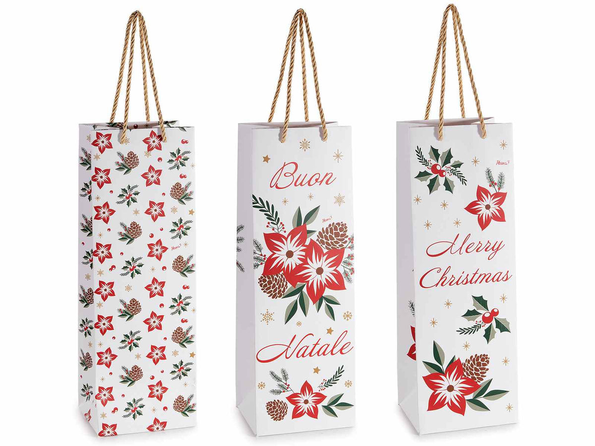 Sacchetti / buste porta bottiglia natalizi con manici in corda, decori a stelle, set da 24 pezzi, cm 12 x 10 x 35 H