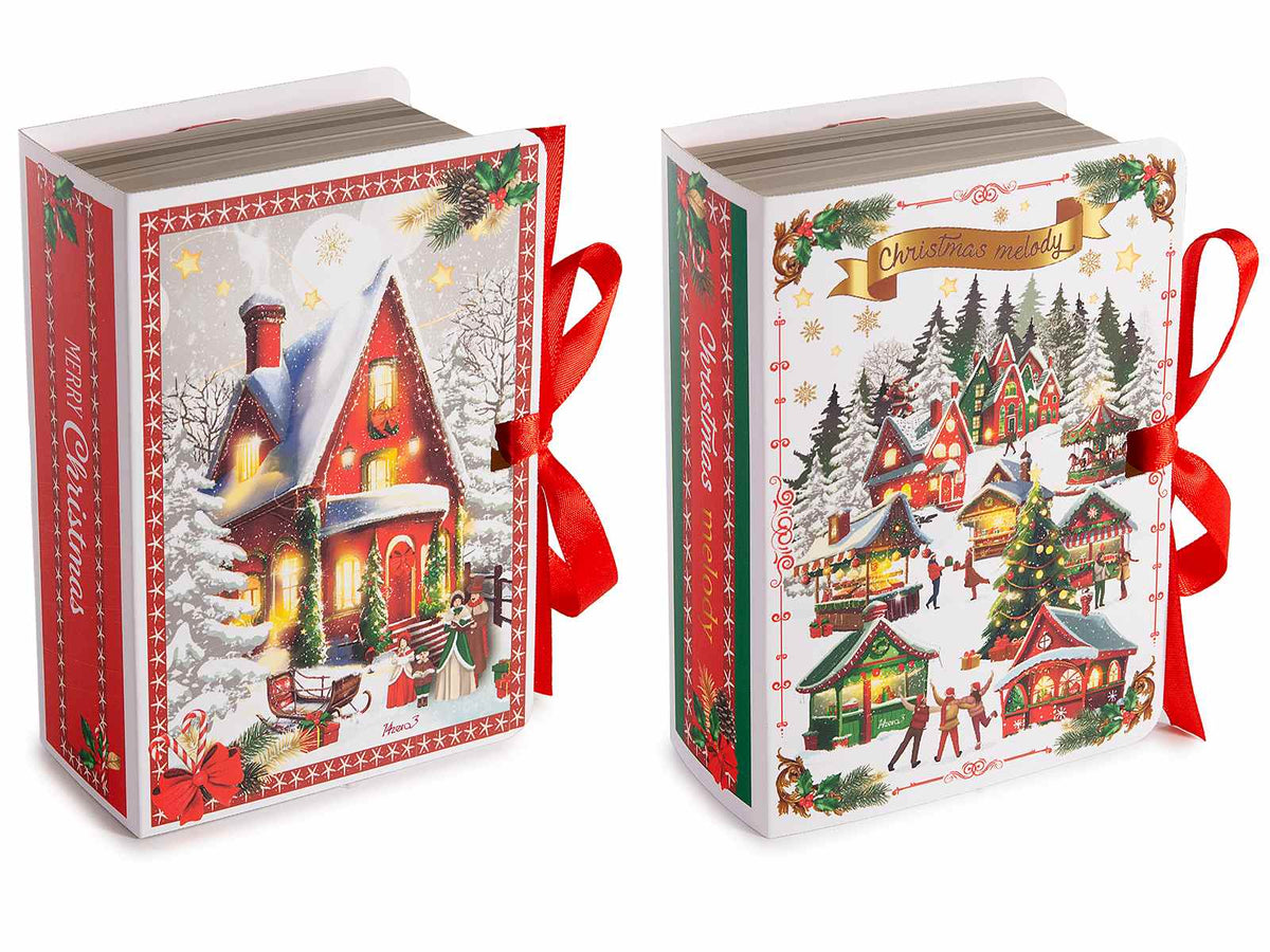 Scatole di Natale in carta a forma di libro con chiusura a nastro decorate con stampa villaggio innevato natalizio, set da 30 pezzi, cm 9 x 13 x 4,5 H