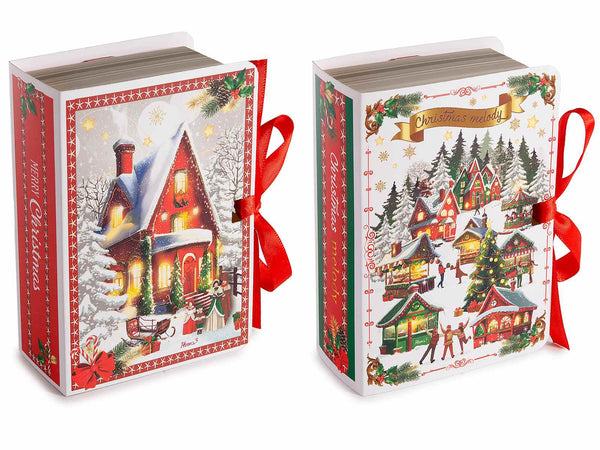 Set di 30 scatole di Natale in carta a forma di libro con chiusura a nastro decorate con stampa villaggio innevato natalizio, cm 9 x 13 x 4,5 H