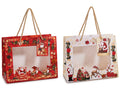 Sacchetti regalo / buste natalizie con vetrinetta trasparente, bigliettino e manici, realizzate in carta decorata con Babbo Natale e renne. Perfette p