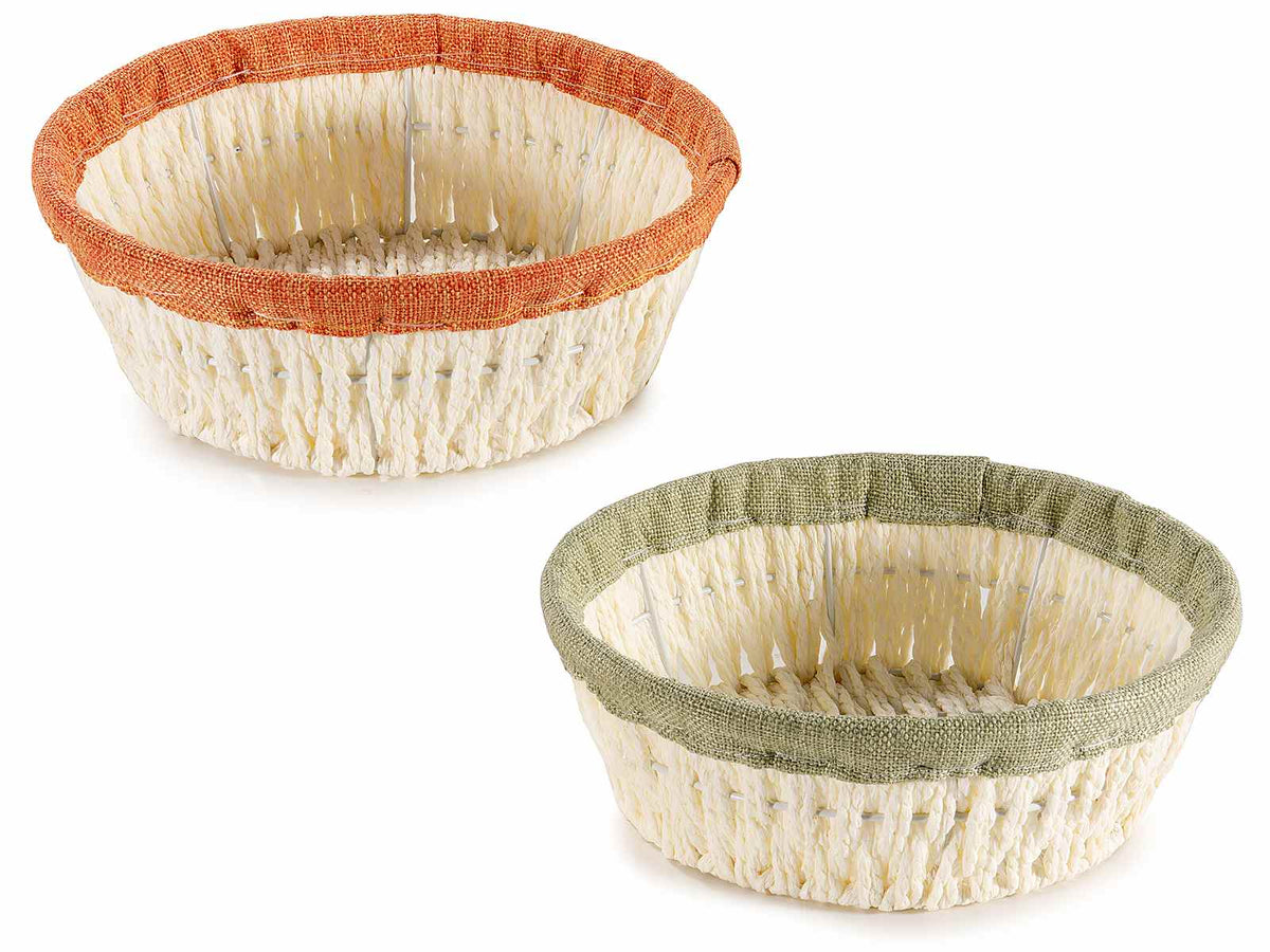 Cestini rotondi in corda di carta intrecciata con bordo colorato in stoffa, set da 8 pezzi, Ø 23,5 cm x 8 H