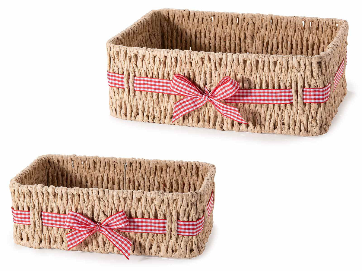 Cestini rettangolari in carta intrecciata con fiocco a quadretti, set da 2 pezzi, Grande: cm 24x16,5x8,5 H