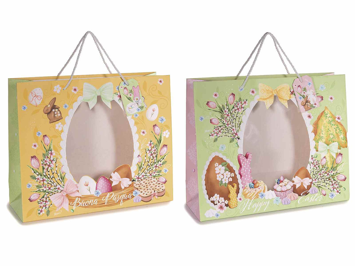 Borse di Pasqua in carta con finestrella a uovo e tag abbinato, set da 12 pezzi, cm 38 x 12,5 x 30,5 H