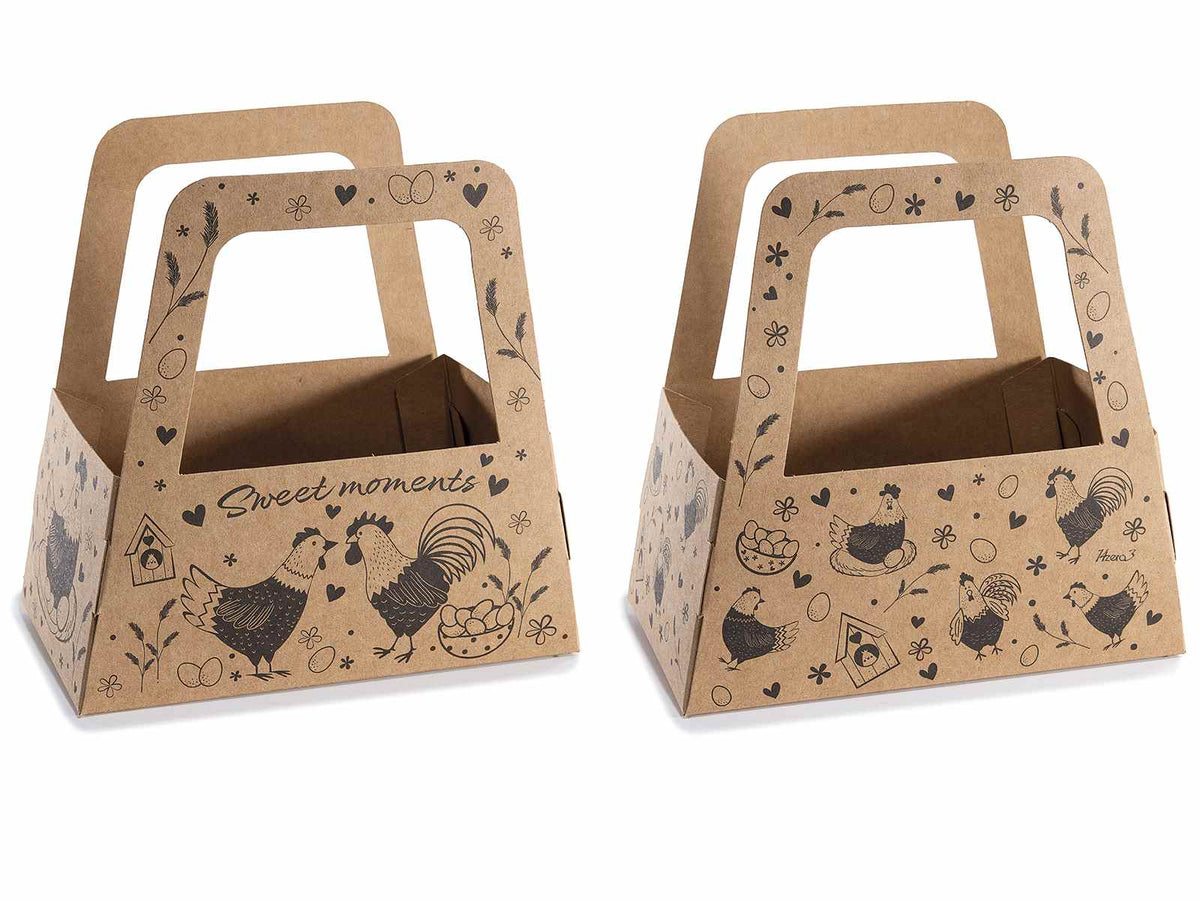 Sacchetti / buste a cestino con manici in carta kraft e stampa gallinelle, set da 48 pezzi