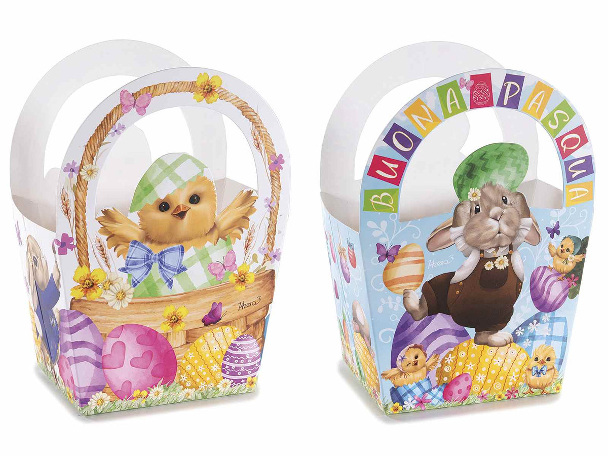 Sacchetti a busta / cestini in carta con manici e stampa con personaggi pasquali, set da 64 pezzi, cm 13 x 8 x 18 H