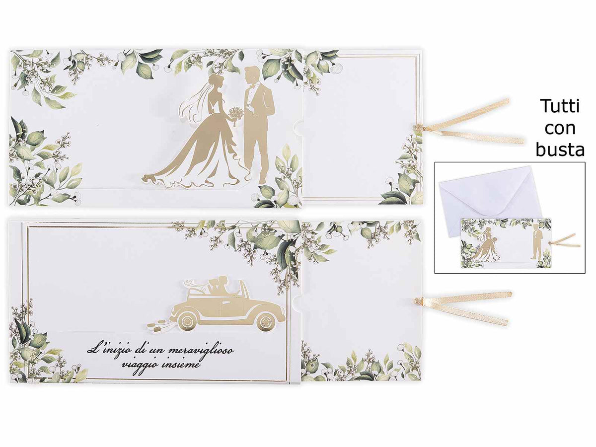 Biglietti scorrevoli di auguri sposi / Matrimonio con stampa dorata, fiocchetto, set da 24 pezzi, cm 19,5 x 11 H