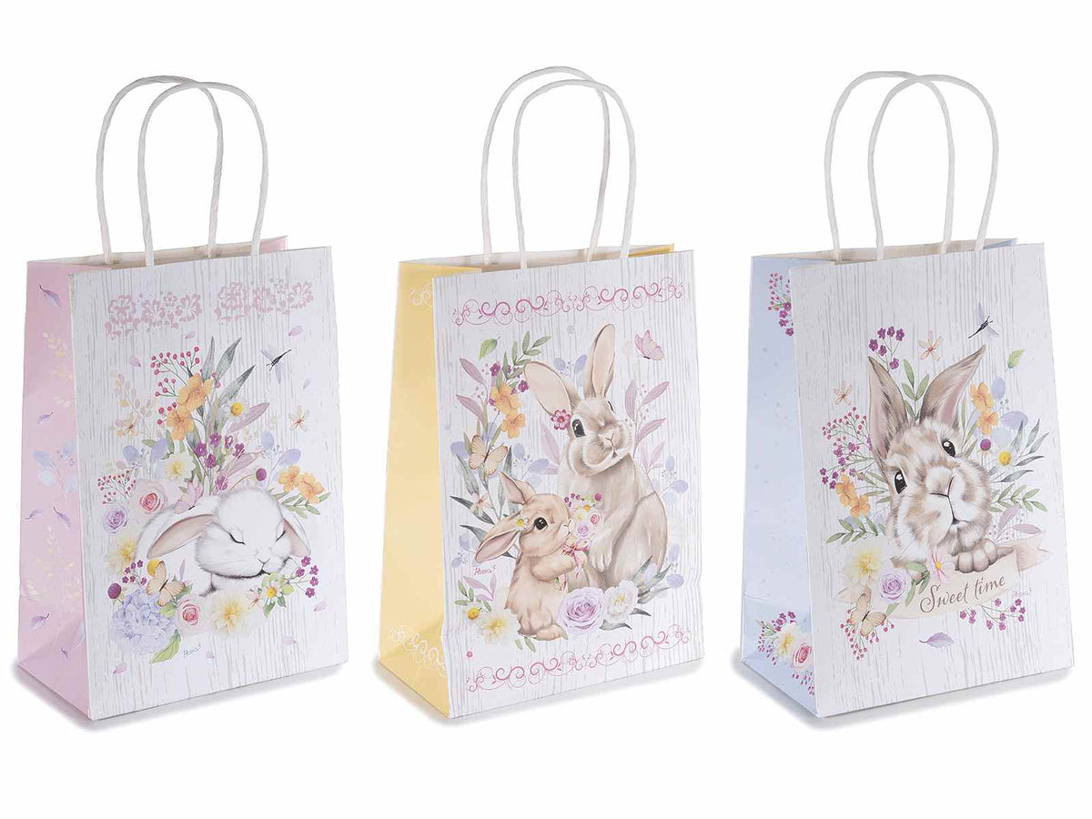 Buste a sacchetto di Pasqua piccole in carta con stampa coniglietti, set da 48 pezzi, cm 15 x 8 x 21 H