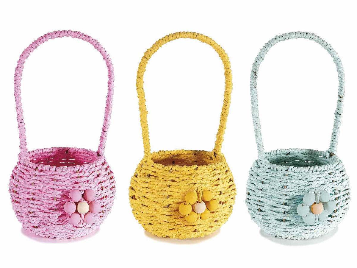 Cestini colorati rosa, azzurri e gialli con manico in carta intrecciata e fiore, set da 6 pezzi, Ø15,5cmx11H (con manico30)