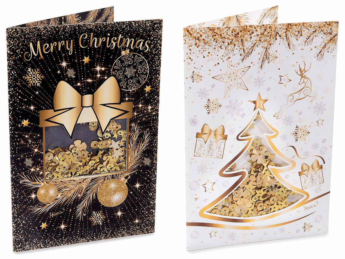 Biglietti di auguri natalizio con finestra trasparente che contiene paillettes, set da 36 pezzi, cm 11,5 x 17 H