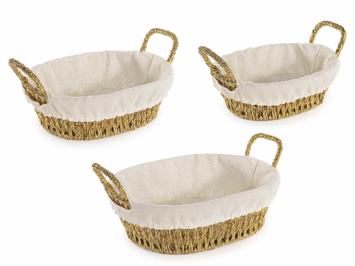 Cestini in corda dorata intrecciata con manici e rivestimento in stoffa, Grande: cm 29 x 23 x 9 H
