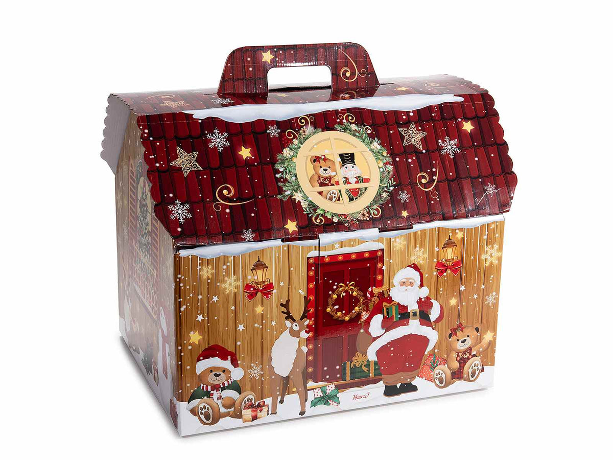 Scatole natalizie a casetta in cartone con manico, decorate fantasia Natale, set da 5 pezzi, cm36,5x26,5x30H(con manico34)