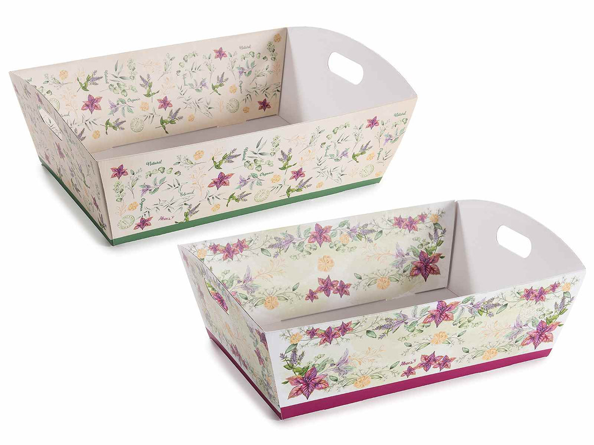 Vassoi a cesto di dimensione media in carta con manici e decori floreali, set da 14 pezzi, cm 32 x 23 x 9,5 H