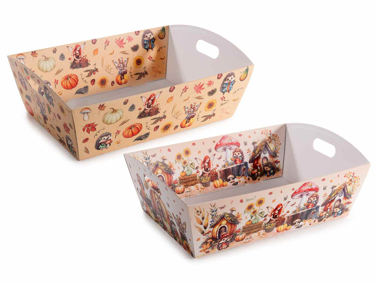 Vassoi a cesto di dimensione media in carta con manici e decori autunnali, set da 14 pezzi, cm 32 x 23 x 9,5 H
