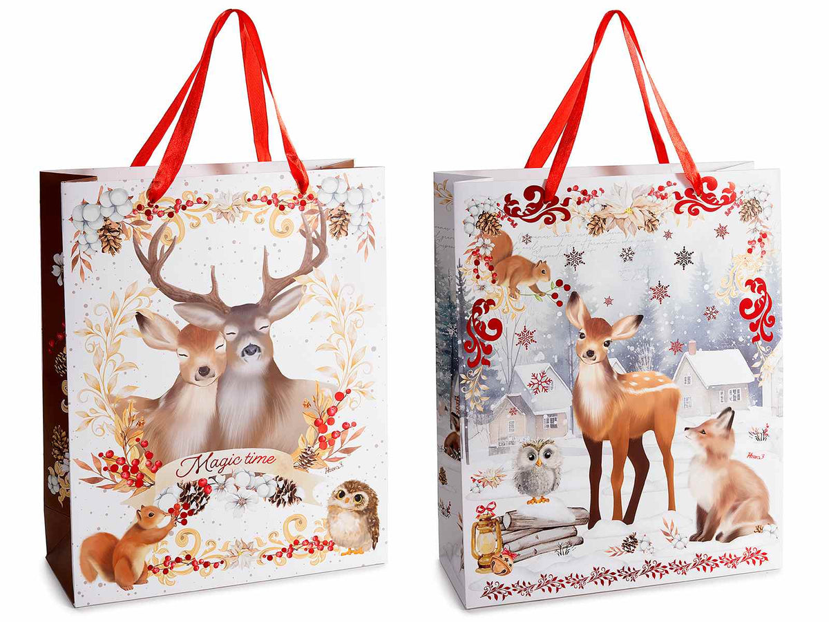 Sacchetti / buste di Natale di dimensione grande in carta con manici raso, set da 20 pezzi, cm 26 x 10 x 32 H