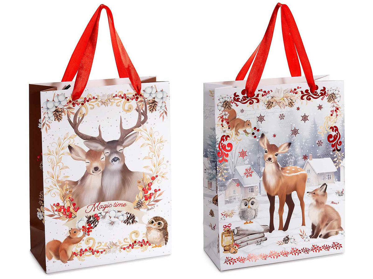 Sacchetti / buste di Natale di dimensione media in carta con manici raso, set da 36 pezzi, cm 18 x 8 x 24 H