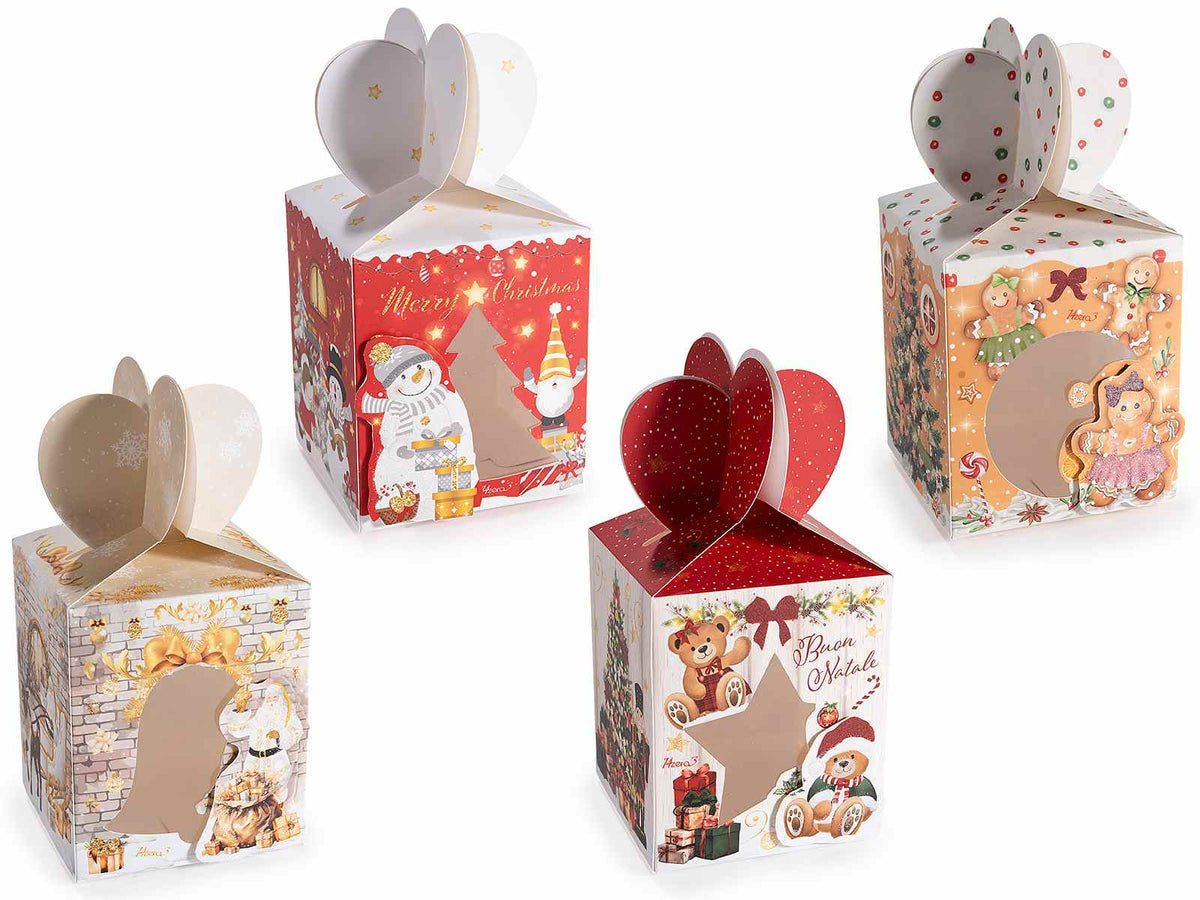 Scatole regalo di Natale in carta colorata con stampa natalizia, con finestra, set da 80 pezzi, cm8,5x8,5x10H (con cuore17)