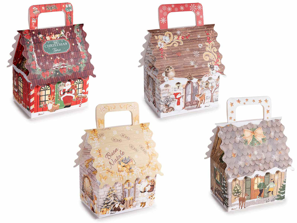 Scatole regalo di Natale a forma di casetta con manico e stampa natalizia, set da 48 pezzi, cm 11,5 x 10 x 13 H